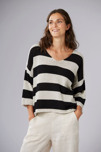 V Neck Stripe Pullover Black