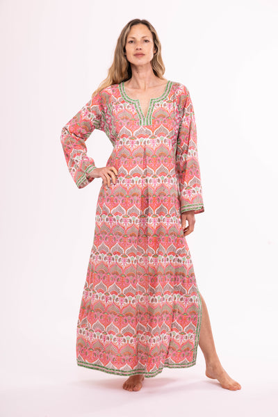 Jugnu Kaftan in Pink Block Print