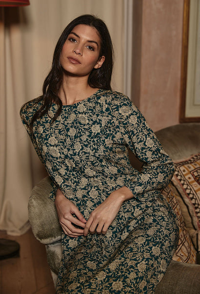 Delhi Dress Peony Print Shaded Spruce