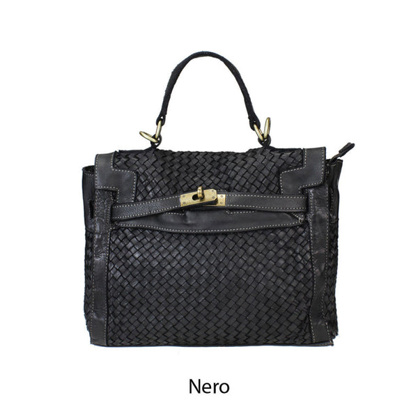 Woven Leather Bag in Denim Blue and Black