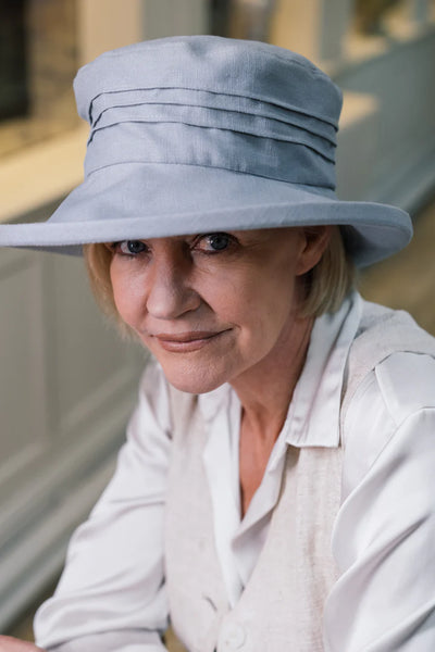 Linen Pintuck Detail Hat in Pink & Blue Grey