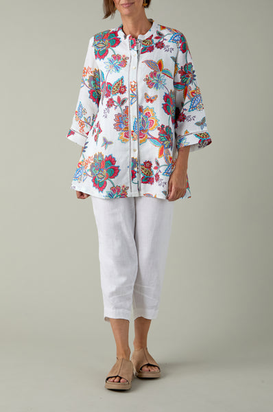 Botanical Floral Linen Flare Shirt White/Multi