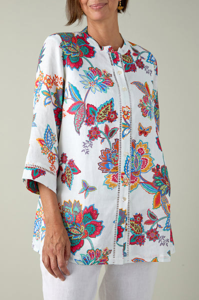 Botanical Floral Linen Flare Shirt White/Multi