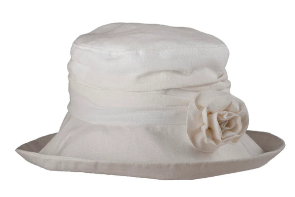 Linen Cloche Hat with Soft Brim & Detachable Flower Brooch