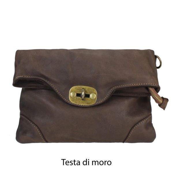 Leather Bag with Metal Fastening in Black, Dark Brown, Military and Taupe