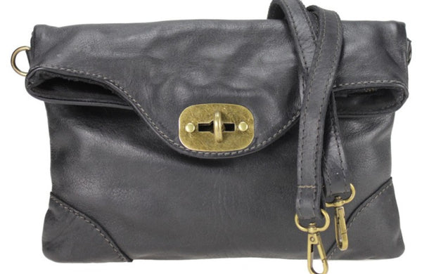 Leather Bag with Metal Fastening in Black, Dark Brown, Military and Taupe