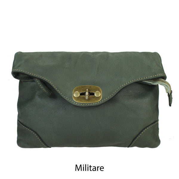 Leather Bag with Metal Fastening in Black, Dark Brown, Military and Taupe