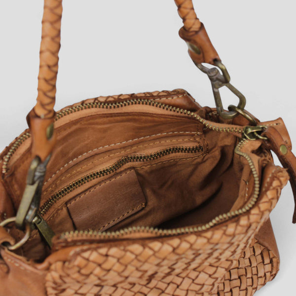 Woven Leather Handbag with Shoulder Strap Cognac and Black