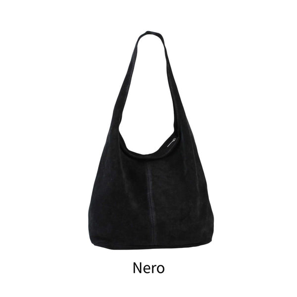 Suede Shoulder Bag in Black, Cognac and Dark Brown