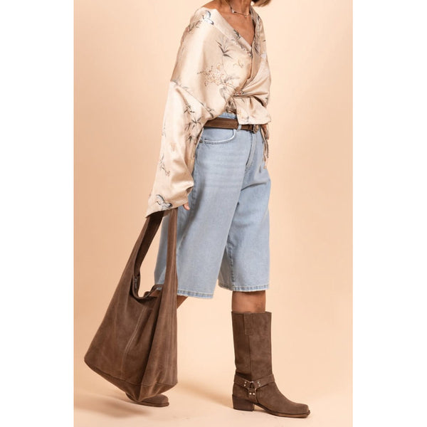 Suede Shoulder Bag in Black, Cognac and Dark Brown