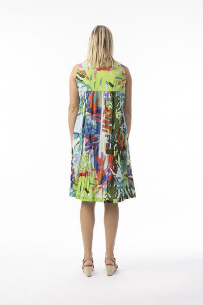 Cotton V Neck Pleated Dress in Blue Leaves Print
