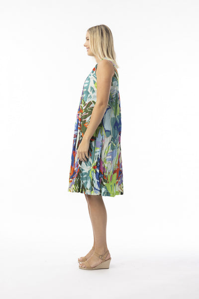 Cotton V Neck Pleated Dress in Blue Leaves Print