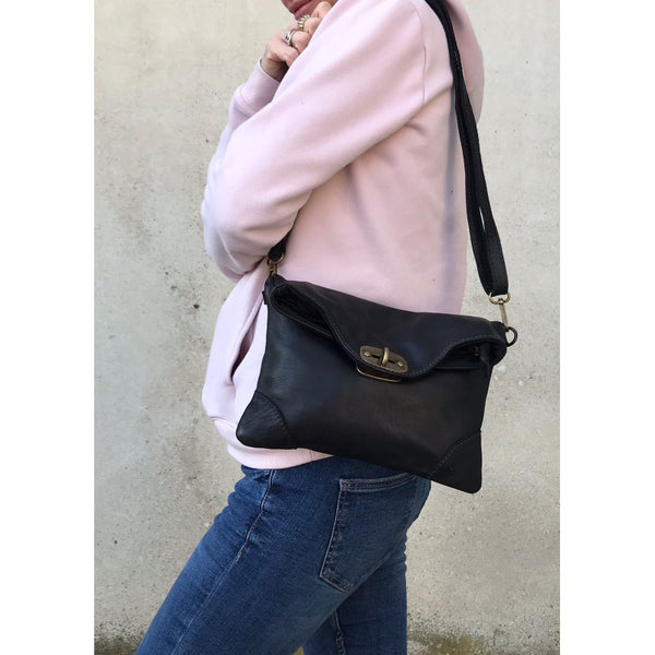 Leather Bag with Metal Fastening in Black, Dark Brown, Military and Taupe