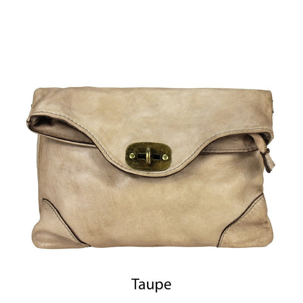 Leather Bag with Metal Fastening in Black, Dark Brown, Military and Taupe