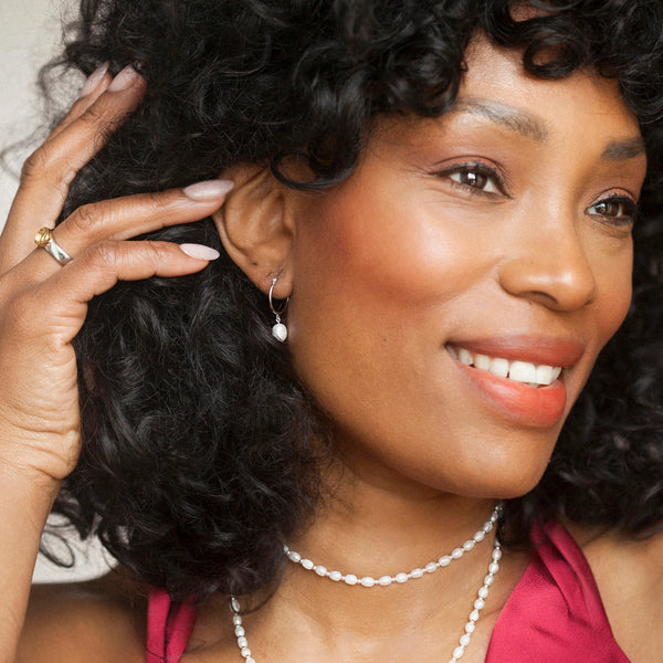 Silver Huggie Hoop Earrings with White Pearls