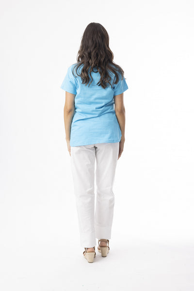 Essentials Knit Elbow Sleeve V Neck Tee in Turquoise