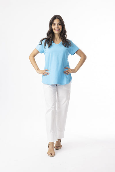 Essentials Knit Elbow Sleeve V Neck Tee in Turquoise